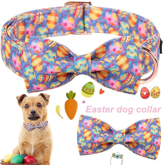 ARING PET Easter Dog Collar, Cute Purple Easter Eggs Pet Collars with Bow Tie for Puppy Small Medium Large Dogs-L