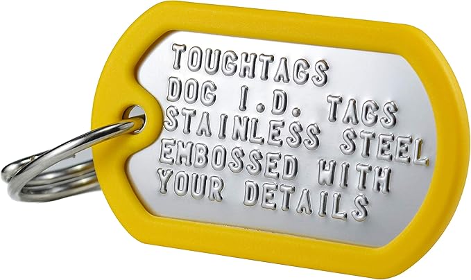 Dog Tags for Dogs, Custom Dog Collar ID Tag Personalized for Pets - Super Tough, Quiet Embossed Military Style Stainless Steel Dog Name tag (Yellow)