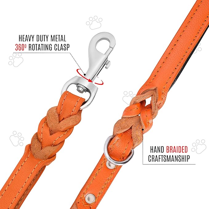Riparo Leather Dog Leash 6ft with 2 Handles Padded Traffic Handle for Extra Control, Leather Dog Leashes for Large Breed Dogs Training Walking Heavy Duty Leashes for Dogs (Orange, L: 3/4" x6ft)