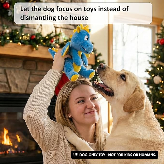 Squeaky Plush Dragon Dog Chew Toy - 8.3‘’X9‘’ Dog Toy for Small/Medium Dogs to Keep Pups Busy，Chewer Dog Toy with Crinkle Paper（Blue）