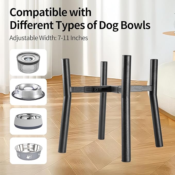 Lifted Dog Bowl Stand - Without Bowls, Single Raise Pet Food Table Adjustable Wide 7-11", Tall 12" - Bowl Stand Size Optional, Dog Bowls Holder Elevated for Small Medium Large Dogs Breed