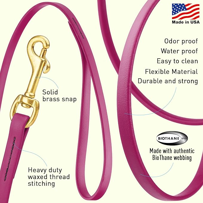 Viper Biothane K9 Working Dog Leash Waterproof Lead for Tracking Training Schutzhund Odor-Proof Long Line with Solid Brass Snap for Puppy Medium and Large Dogs, 15ft Magenta Pink