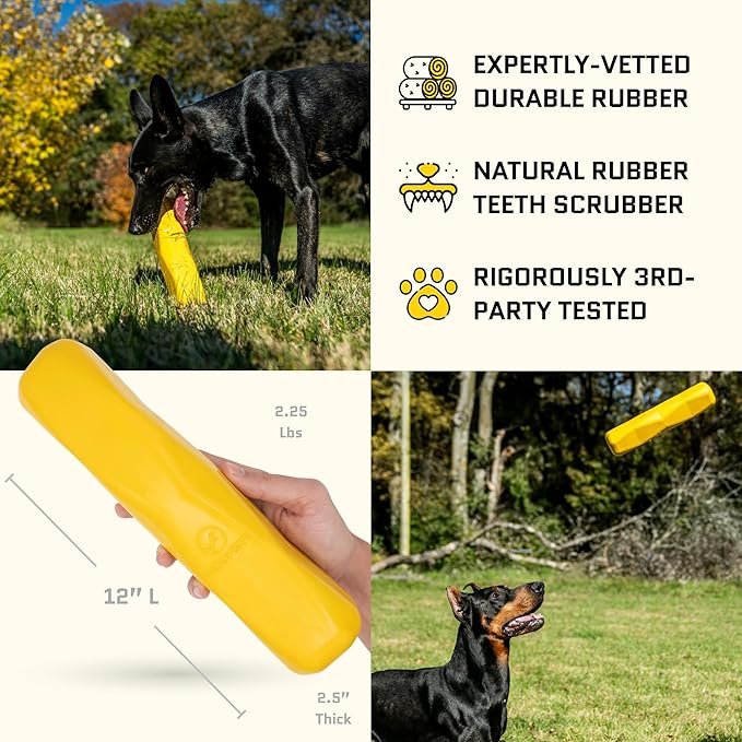 Giant XL Virtually Indestructible Dog Stick - Lifetime Replacement - Tough, Durable Chew Toy for Aggressive Chewers - Safe Non-Toxic Natural Rubber - Chew & Tug - Large - 12"x2.5", 2.25lbs