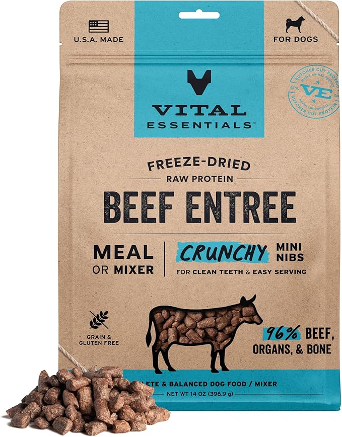 Vital Essentials Freeze Dried Dog Food, Raw Beef Crunchy Mini Nibs | Complete Meal or Mixer | High Protein, Low Carb, Grain Free, Dry Dog Food | 14 oz