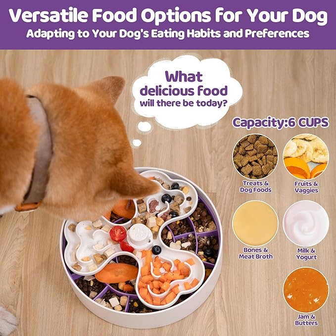 Puzzle Feeder Slow Feeder Bowls, Dishwasher Safe, Large Breed Dogs, 4 Modes, 3 Detachable Parts, Adjustable Speeds, Purple