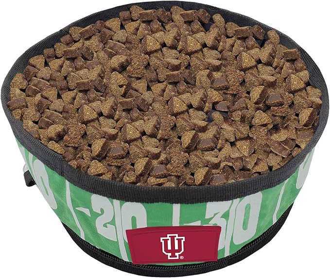 Pets First NCAA Indiana Hoosiers Collapsible Dog Travel Bowl, Food and Water Bowl for Dogs & Cats. Lightweight Leak-Proof Pet Bowl for Travel with Football Field & Pebble-Grain Design