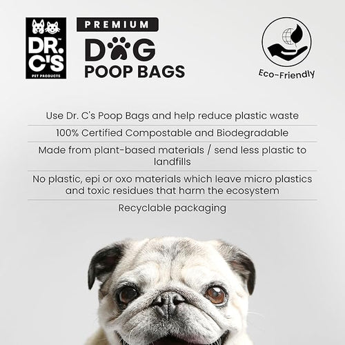 100% Certified Compostable Dog Poop Bags - Dr. C's Premium Dog Poop Bags - 270 Bags / 18 Rolls, Extra thick, Leak Proof, Unscented, Plant Based and Earth Friendly, Dispenser Included, USA Owned