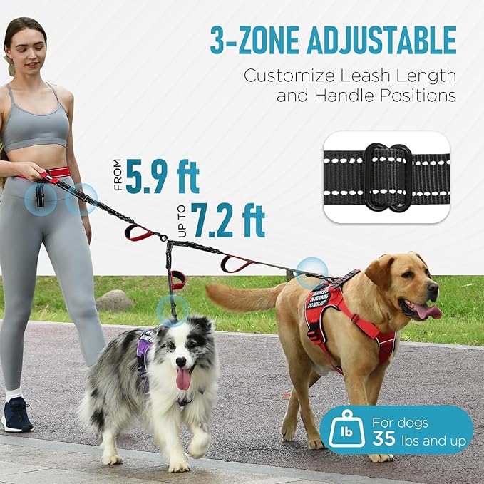 Hands Free Dog Leash, Waist Bungee Leash for 2 Large Dogs, 6-8ft No-Tangle Heavy Duty Leashs(50-120 lbs)