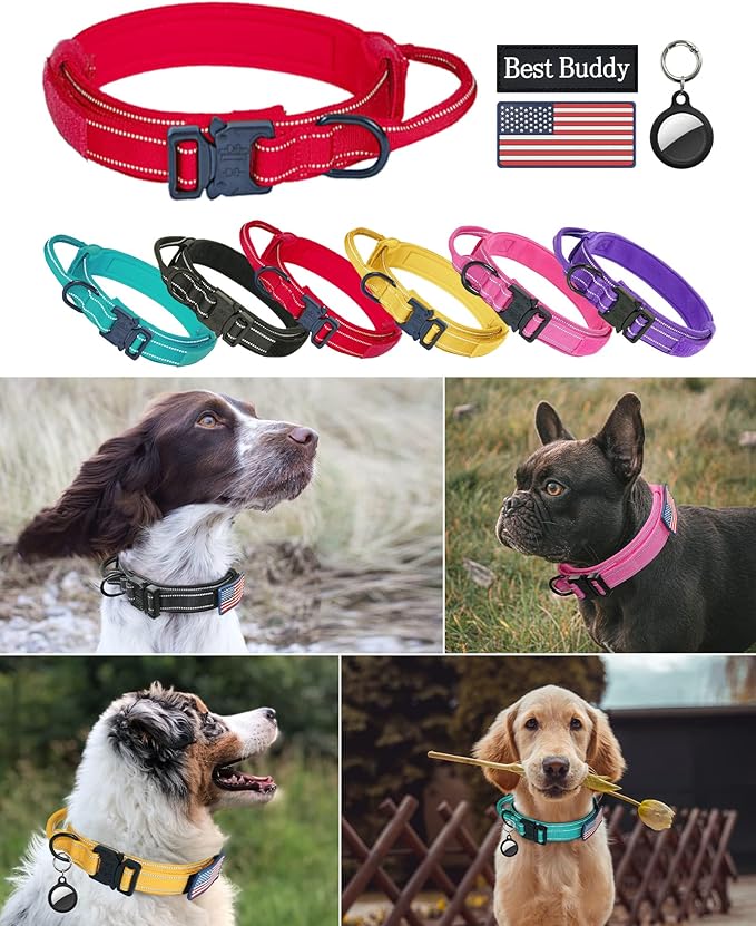 AUBELL Reflective Tactical Dog Collar,Adjustable Military Heavy Duty K9 Collars with Handle and Quick Release Metal Buckle Great for Large Dogs, with Airtag Case and 2 Patches (Red,L)