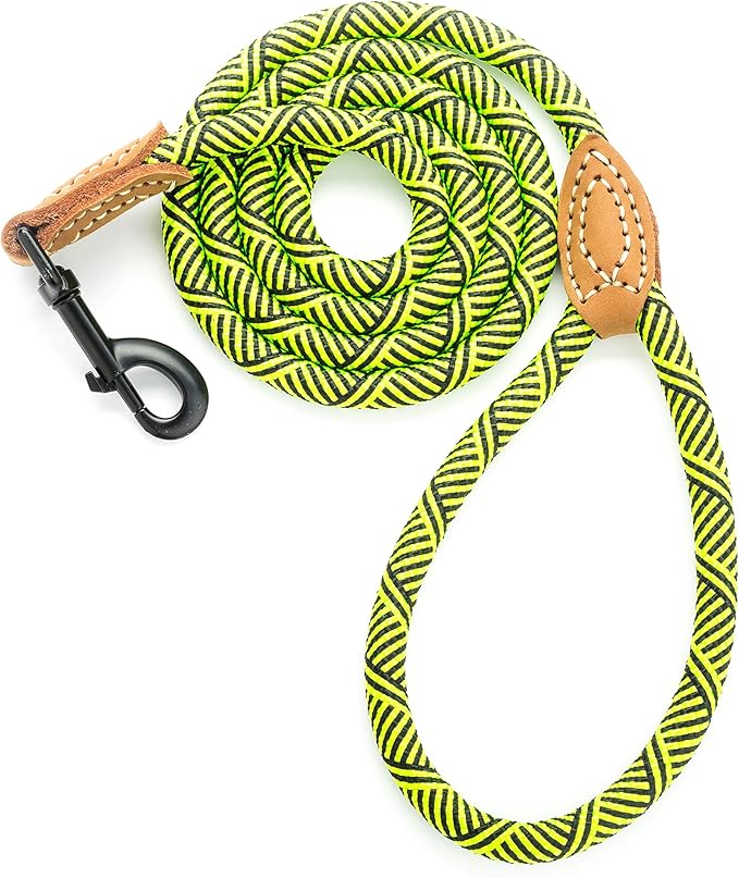 Mile High Life | Mountain Climbing Dog Rope Leash with Heavy Duty Metal Sturdy Clasp | Genuine Leather Tailored Connection with Strong Stitches (Lime Green, 60 Inch (Pack of 1))