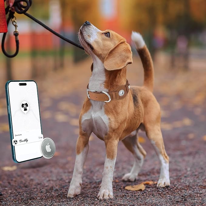 Leather Dog Collar with Airtag Holder - Apple Air Tag Dog Collars - Soft Tracking GPS Pet Collar for Small Medium Large Dogs Breed Puppy (Brown, S, 9"-12" Neck Fit)