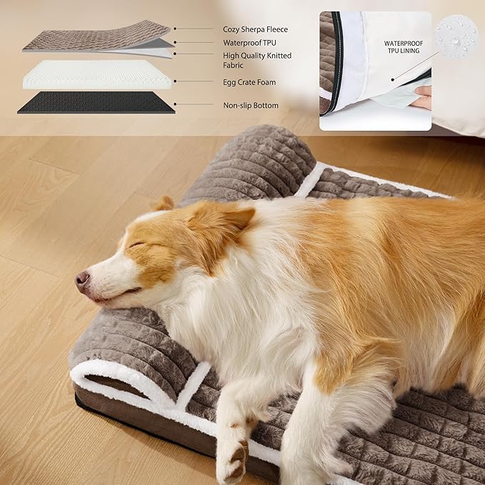 Orthopedic XL Dog Bed Large Sized Dog with Pillow 42''X28'', Waterproof Soft Comfortable Egg Crate Foam Pet Crate Beds Mat with Removable Washable Cover and Non-Slip Bottom, Taupe