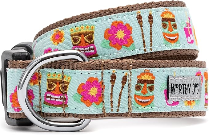 THE WORTHY DOG Collar for Small Dogs, Adjusts 6-12 inches, Durable Nylon Webbing, Quick Release Buckle, Tiki Time Pattern, Blue, X-Small