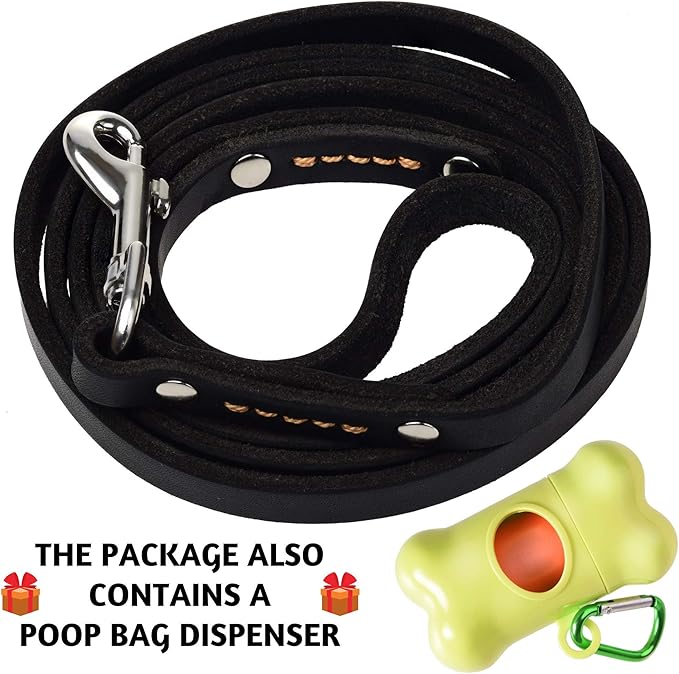 ADITYNA - Premium Leather Dog Leash - 6 ft, Heavy-Duty, Soft & Strong for Small/Medium Dogs (Small: 6 ft x 1/2", Black)