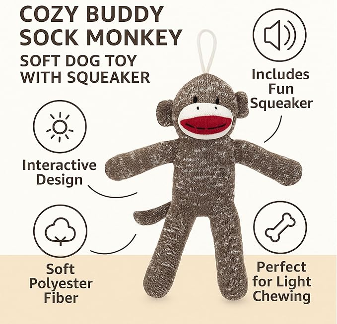 Cozy Buddy Sock Monkey Dog Toy – Soft Plush Dog Toy with Squeaker, Polyester Fiber, Cuddly Sock Monkey for Light Chewing. (Pack of 1)
