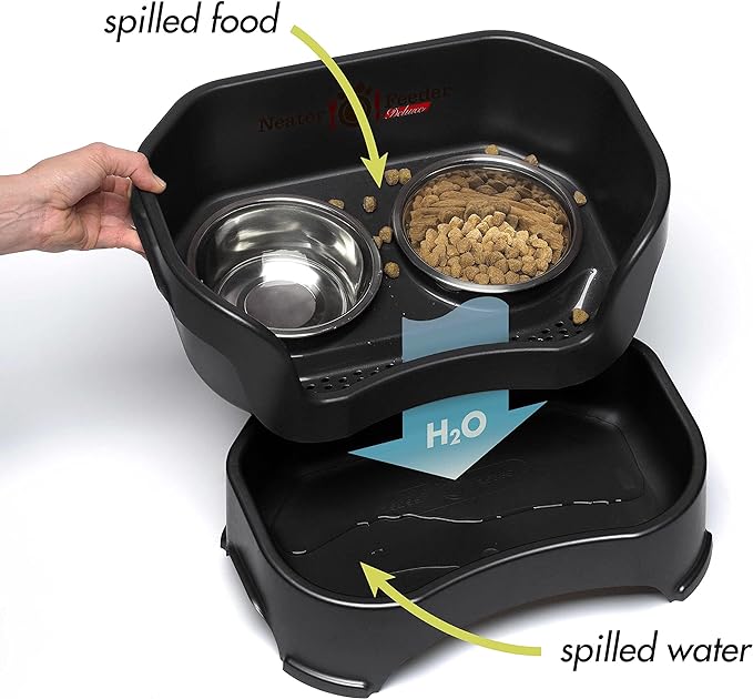 Neater Feeder Deluxe Mess Proof Dog Bowls Elevated Medium Sized Dogs (19-40 lbs) Made in USA, No Spill Raised Dog Food Bowl Stand w/Leg Extension, Stainless Steel Food and Water Bowl Set, Black