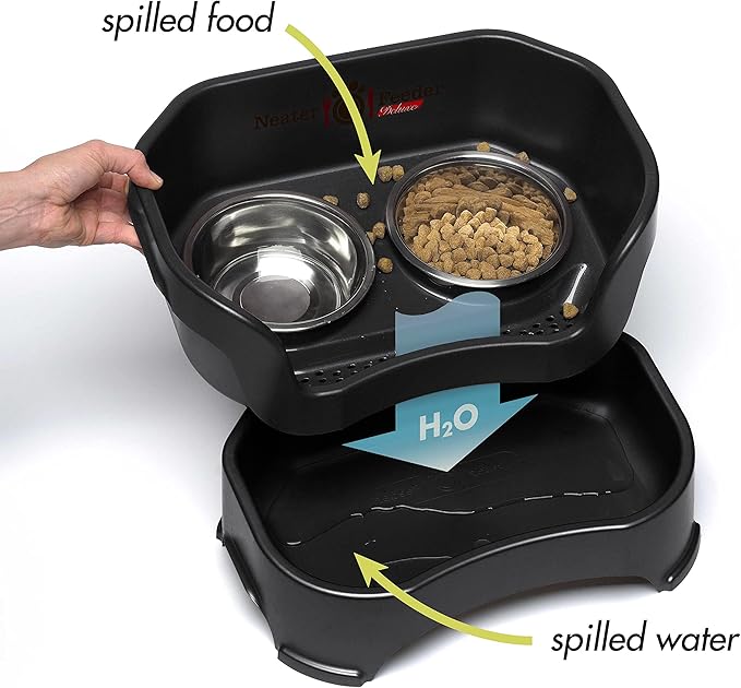 Neater Feeder Deluxe Mess Proof Cat Bowls Elevated for All Breeds – Made in USA – No Spill Raised Cat Bowls for Indoor Cats w/Leg Extensions – Stainless Steel Cat Food and Water Bowl Set - Black