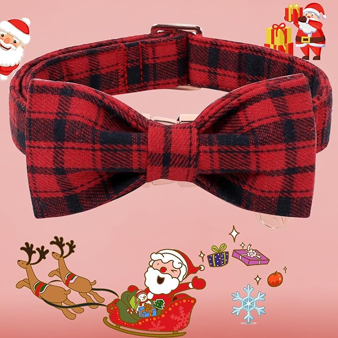 DOGWONG Christmas Dog Collar with Bow Tie, Red Plaid Dog Collar Durable Metal Buckle Adjustable Soft & Cute Red Gingham Dogs Collars for Small Medium Large Dogs, L