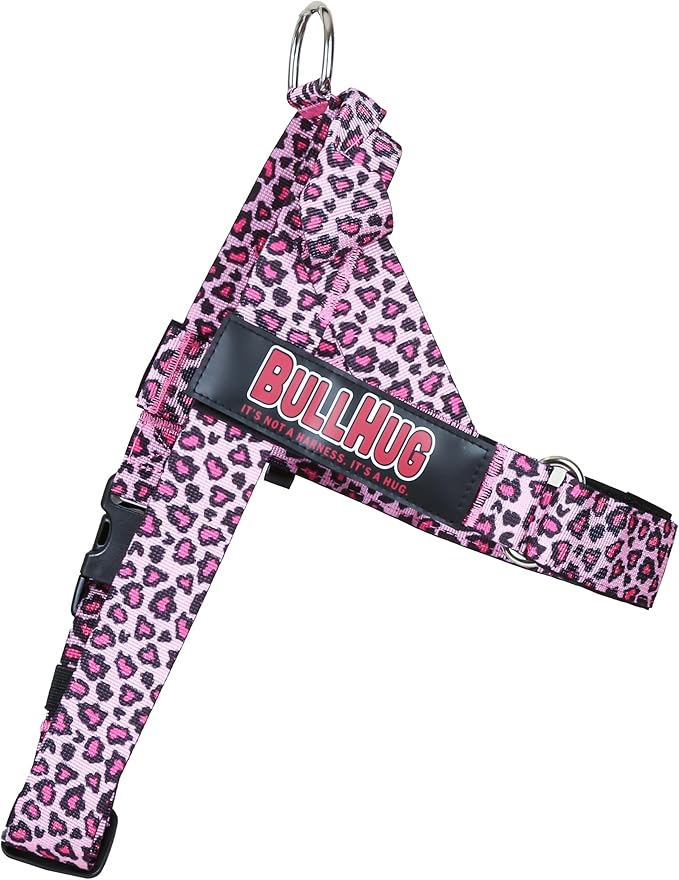 BULLHUG Adjustable Dog Harness– No Pull, No Choke – for English Bulldogs, French Bulldogs, Pugs & Broad-Chested Breeds – Easy, Safe Walks (Leopard Pink, Small)