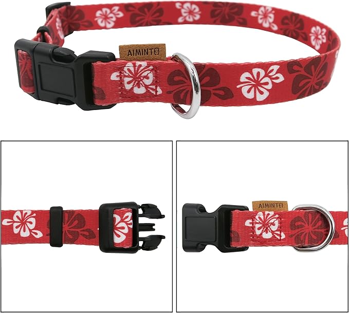 Dog Collar, Cute Floral Pattern, Soft and Adjustable Collar with Quick Release Buckle (L (Neck 16-28", Width 1"), Hawaiian Red)