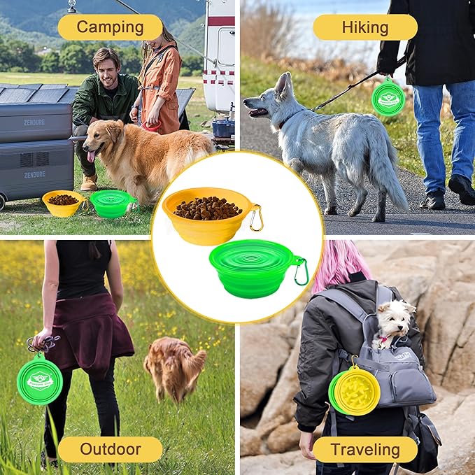 Small Collapsible Dog Bowls (12oz), 1 Pack Pet Travel Foldable Bowl and Slow Feeding Frisbee with Carabiners, Healthy, Soft Silicone, Portable Essential Set for Walking, Travel, and Hiking (Yellow)