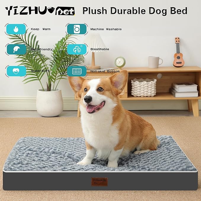 Dog Bed Mats for Medium Dog - Orthopedic Dog Pet Durable Crate Bed Mattress of Thick Egg Foam Crate, Rose Plush Washable Cover, Waterproof Lining and Non-Slip Bottom (M(30''x20''x3''), Grey Side)