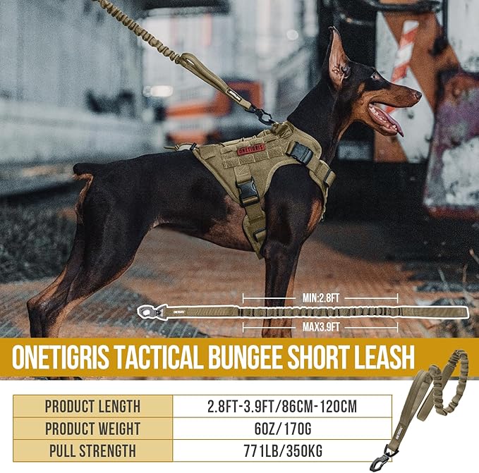 OneTigris Tactical Dog Training Bungee Leash with Control Handle Quick Release Nylon Leads Rope (Tan)