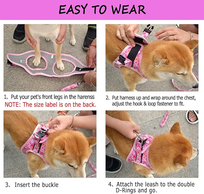 Moonpet Step in Dog Harness Leash Set- All Weather Reflective No-Pull Floral Pattern Padded Mesh Vest Harness for Cats Puppy Extra-Small Small Medium Large Dogs - Verdure Flower - XL