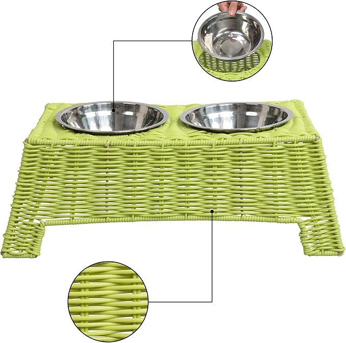 DBL4000Y Serenity 6.9" Small/Medium Elevated Wicker Pet Feeder with 18oz (2.2 Cups) 2-Stainless Steel Bowls, Light Green