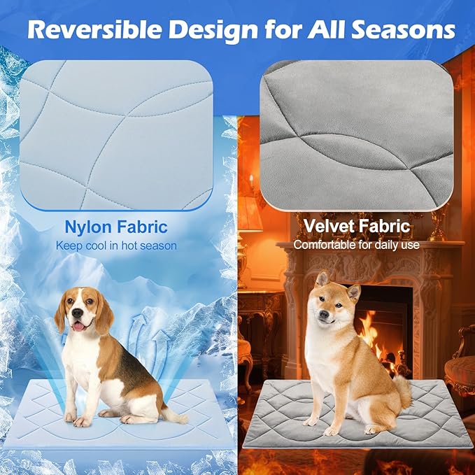 Dog Cooling Mat, 59'' × 40'' Extra Large, Self-Cooling Mat for Dog Reversible (Cool & Warm), Double-Sided Pet Cool Pads for Crate, Kennel, Machine Washable Summer Blanket, Non-Gel, Blue + Grey