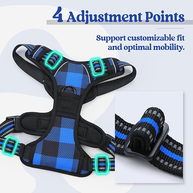 rabbitgoo Dog Harness No Pull with 2 Leash Clips, Adjustable Soft Padded, Reflective Oxford No Choke Pet Vest with Easy Control Handle for Large Dogs, Blue Plaid, L