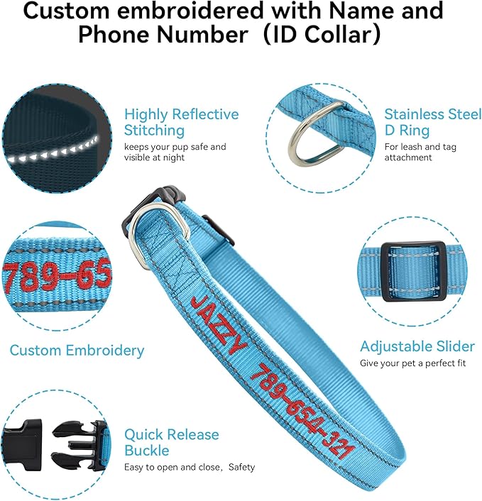Personalized Reflective Dog Collar, Custom Embroidered with Name & Phone Number Adjustable Nylon ID Collar for Extra Small Small Medium Large Dogs