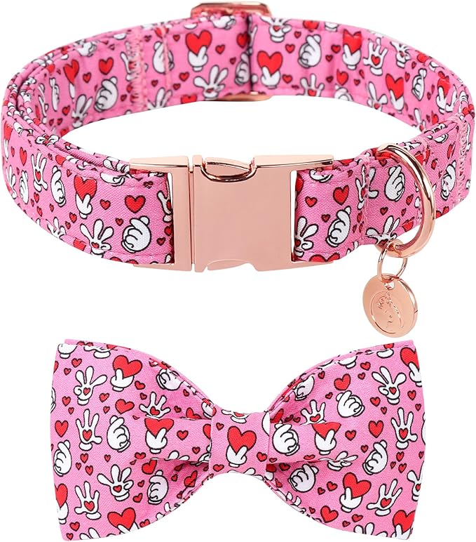 DOGWONG Valentine Dog Collar with Bow, Pink Heart Dog Collar Durable Soft Cotton Pet Dog Collar Cute Heart Valentines Day Puppy Necklace for Small Medium Large Dog