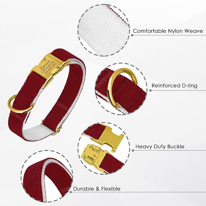 Personalized Dog Collar with Gold Metal Buckle, Velvet Custom Dog Collars for Small, Medium & Large Dogs – Puppy Collars with Metal Buckle, 4 Sizes, 8 Colors (Red, M, 12"-15")