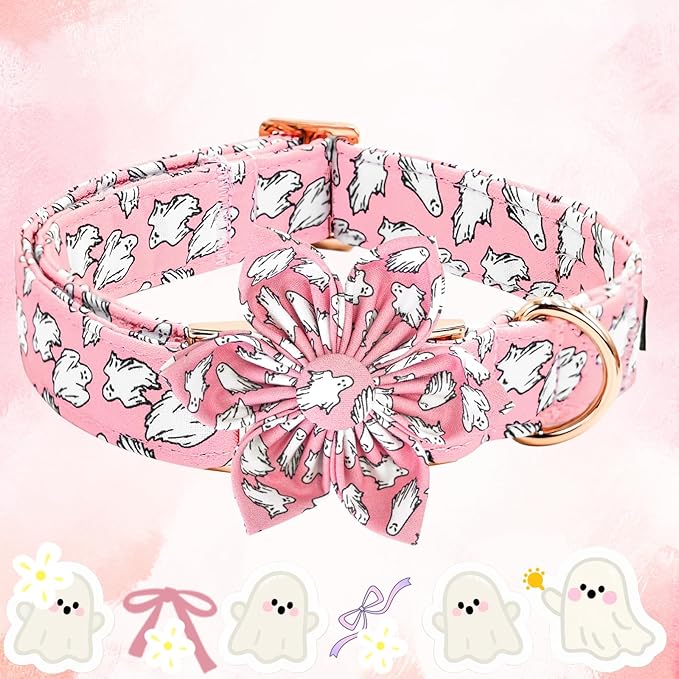 Elegant little tail Halloween Dog Collar, Pink Ghosts Print Dog Collar with Flower Puppy Collar Flower Female Cotton Adjustable Collars for Small Medium Large Dogs