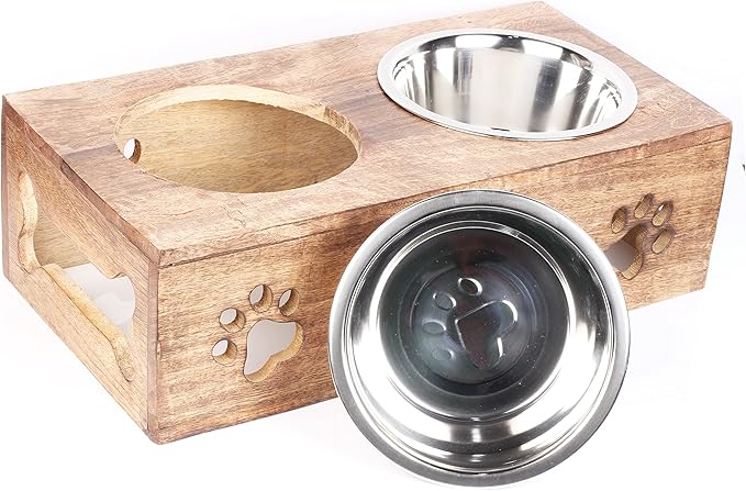 Paw Design Wooden Pet Feeder Station Stand with 2 Stainless Steel Bowls | Raised Dog Bowl Elevated Cat & Puppy Dining Table | 16 x 8.5 x 5 Inches