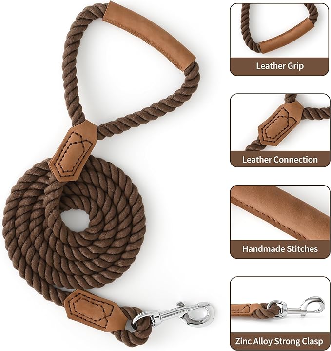 Mile High Life Dog Leash, Braided Cotton Rope Leashes with Leather Handle - Heavy Duty Metal Clasp, 4FT, 1/2" Thick - Wedding, Walking & Training Leash for Small Medium Large Dogs (Dark Brown)