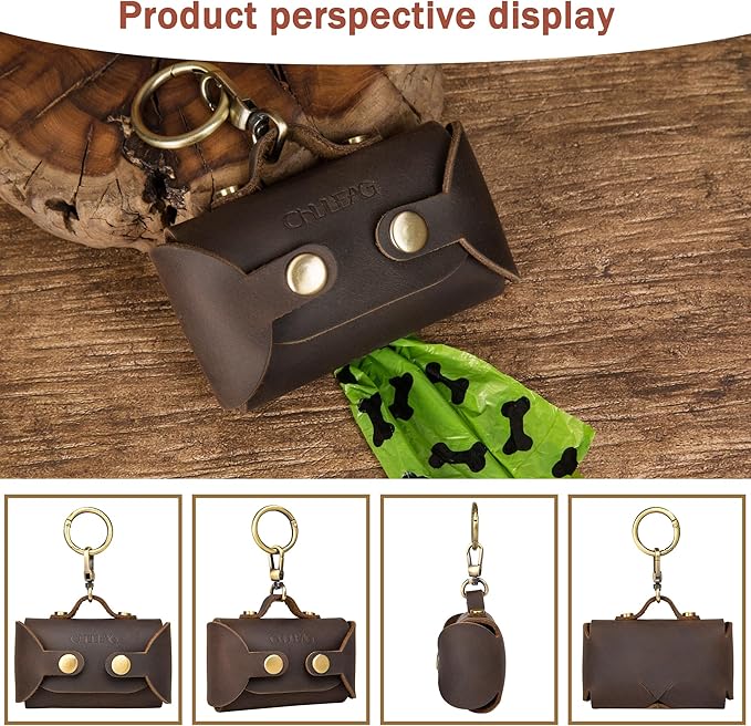 Handmade Leather Dog Poop Bag Dispenser - Stylish and Durable with Belt Attachment for Dog Walkers, Featuring a Brass Metal Clip in Coffee