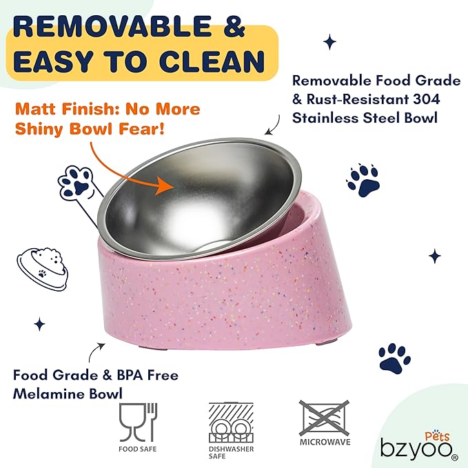 bzyoo 16oz Tilted Dog Bowl for Small Dogs & Cats, 15° Elevated Stainless Steel Pet Feeder, Ergonomic Anti-Vomiting Food Bowl for Frenchie, Pug, Persian Cat, Non-Skid Melamine Stand, Sprinkle (Pink)