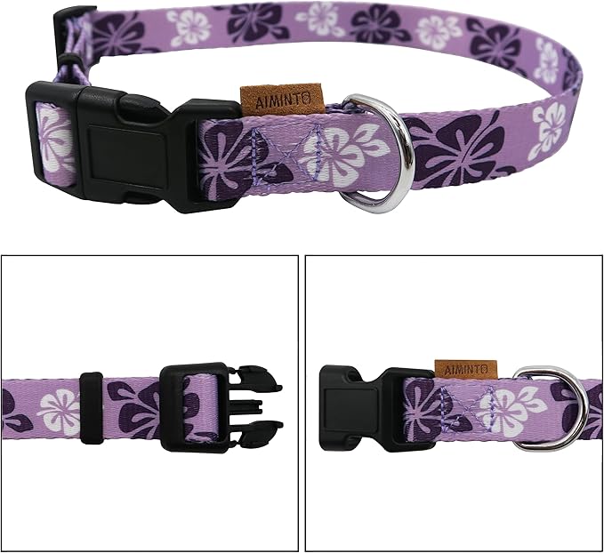 Dog Collar, Cute Floral Pattern, Soft and Adjustable Collar with Quick Release Buckle (S (Neck 11-18", Width 5/8"), Hawaiian Purple)