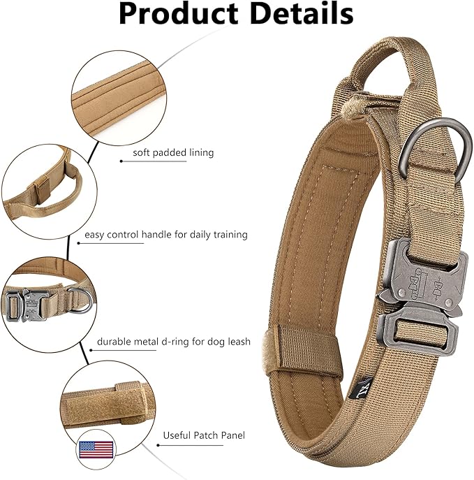 DAGANXI Tactical Dog Collar, Adjustable Military Training Nylon Dog Collar with Control Handle and Heavy Metal Buckle for Medium and Large Dogs, with Patches and Airtags Case (XXL, Brown-Set)