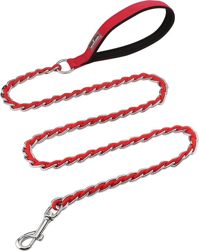 Chain Dog Leash Chew Proof Metal Leash for Medium Large Dogs, Chain Link Dog Anti Chew 5.2FT / 4FT Strong Anti Bite Comfortable Soft Padded Handle (Red, 4FT(80-150lb))