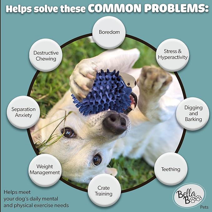 Bella Boo Pets Interactive Dog Toy for Strong Chewers - Freddy The Hedgehog Blue All-in-One Treat Ball + Food Dispensing Slow Feeder Dog IQ Puzzle + Dog Crate Toy for Medium and Large Breed Dogs