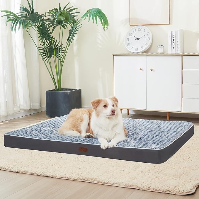 Dog Bed Mats for Large Jumbo Big Dog - Orthopedic Dog Pet Durable Crate Bed Mattress of Thick Egg Foam Crate, Rose Plush Cover, Waterproof Lining and Non-Slip Bottom (XXL(47''x29''x4''), Grey Side)
