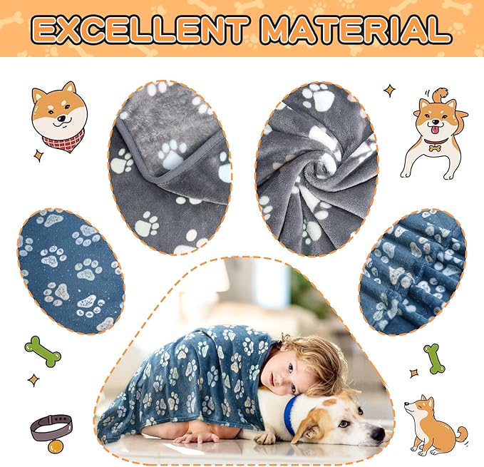 Rezutan Premium Dog Blankets for Large Dogs & Cat Flannel Blanket Washable, Soft Pet Throw Cover for Kennel Crate Bed, Sofas, Cute Paw Pattern,41x31 inch,1Gray & 2Blue