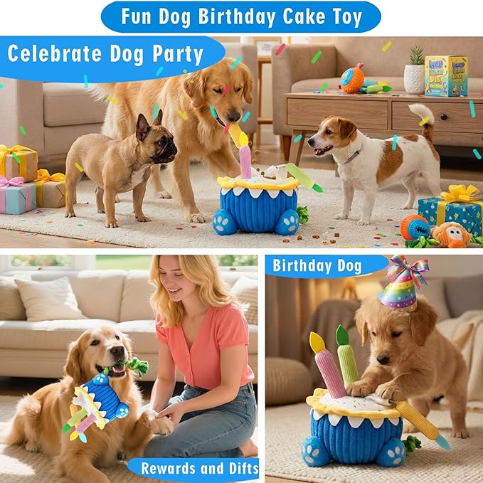 4-in-1 Dog Birthday Cake Toy, Interactive Snuffle Puzzle, Funny Dog Toys—Plush Squeaky Treat Dispenser with Cotton Rope, Hide ＆ Seek Enrichment Toy for Small/Medium/Large Dogs, Gotcha Day Party Gift