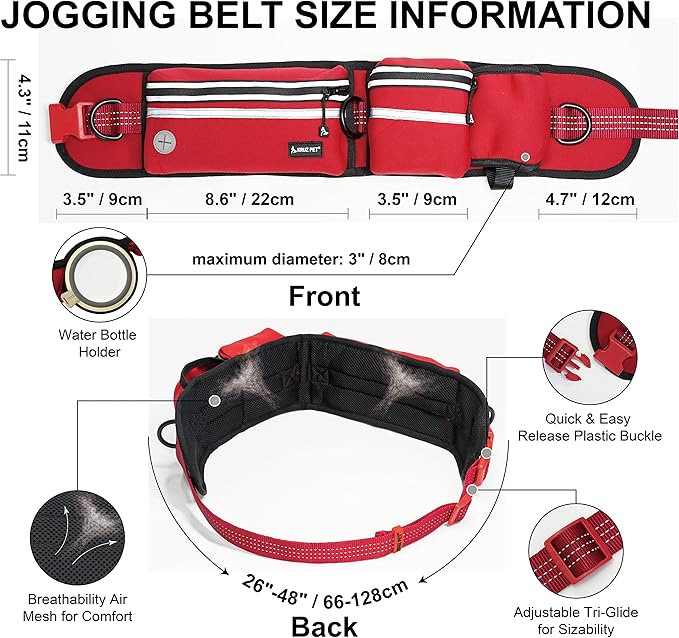 Kruz Hands Free Dog Leash (Waist 26”- 48”, Leash- 1”x 5ft) Premium Waist Belt for Walking, Running, & Hiking, Bungee with Dual Handles, Adjustable Fit, Reflective Safety Design for Large Dogs (Black)