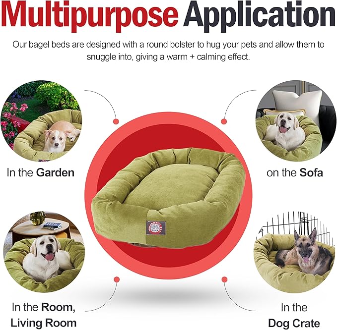 Majestic Pet 40 Inch Micro Velvet Calming Dog Bed Washable – Cozy Soft Round Dog Bed with Spine for Head Support - Fluffy Donut Puppy Mat 40x29x9 (inch) Large – Apple (2025)