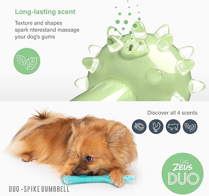ZEUS Duo Spike Dumbbell Strong Dog Chew Toy for Active Chewers, Long Lasting Mint Scent