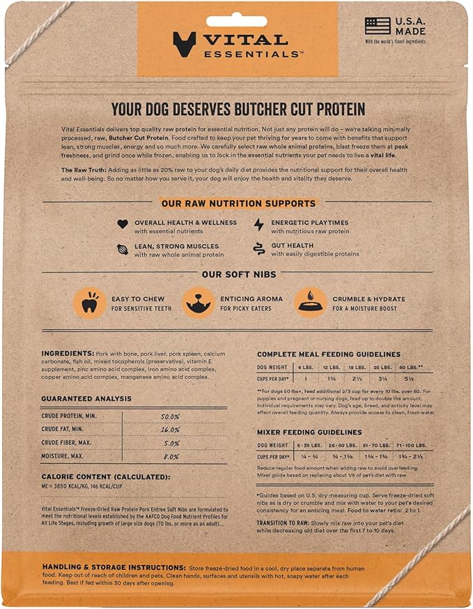 Vital Essentials Freeze Dried Dog Food, Raw Pork Soft Nibs | Complete Meal or Mixer | 99% Pork, Organs & Bone | High Protein, Low Carb, Grain Free, Dry Dog Food | 14 oz